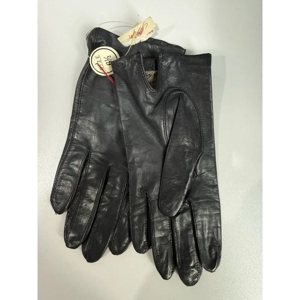 Vtg Lord & Taylor Gloves Womens Size 6.5 Blue/Black Leather Cashmere Lined M